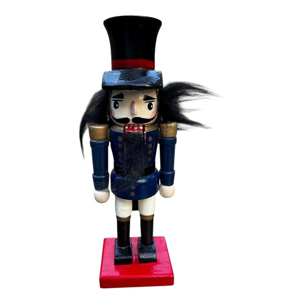 Vintage Wooden Nutcracker Soldier w/Black Top Hat, Crazy Hair & Bold Red Base 8"